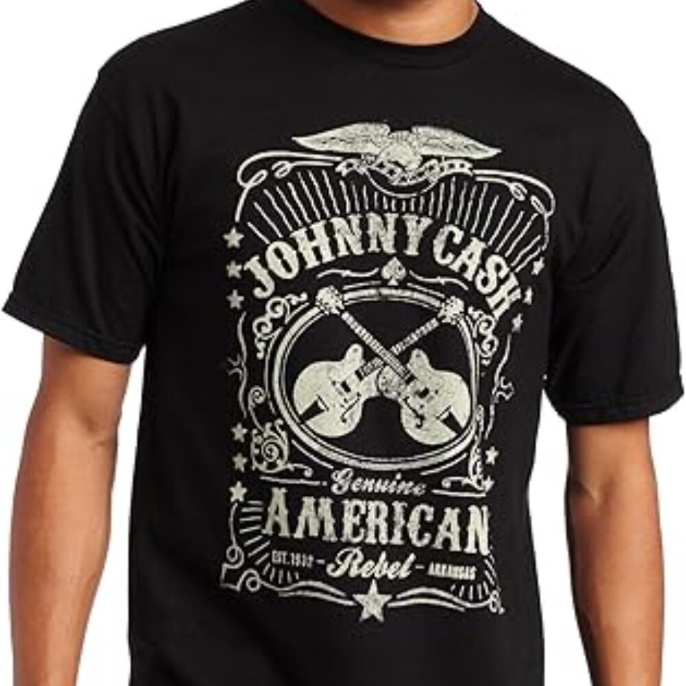 JOHNNY CASH GENUINE AMERICAN REBEL T SHIRT Outlaw Country Guitar Logo Sz S Band